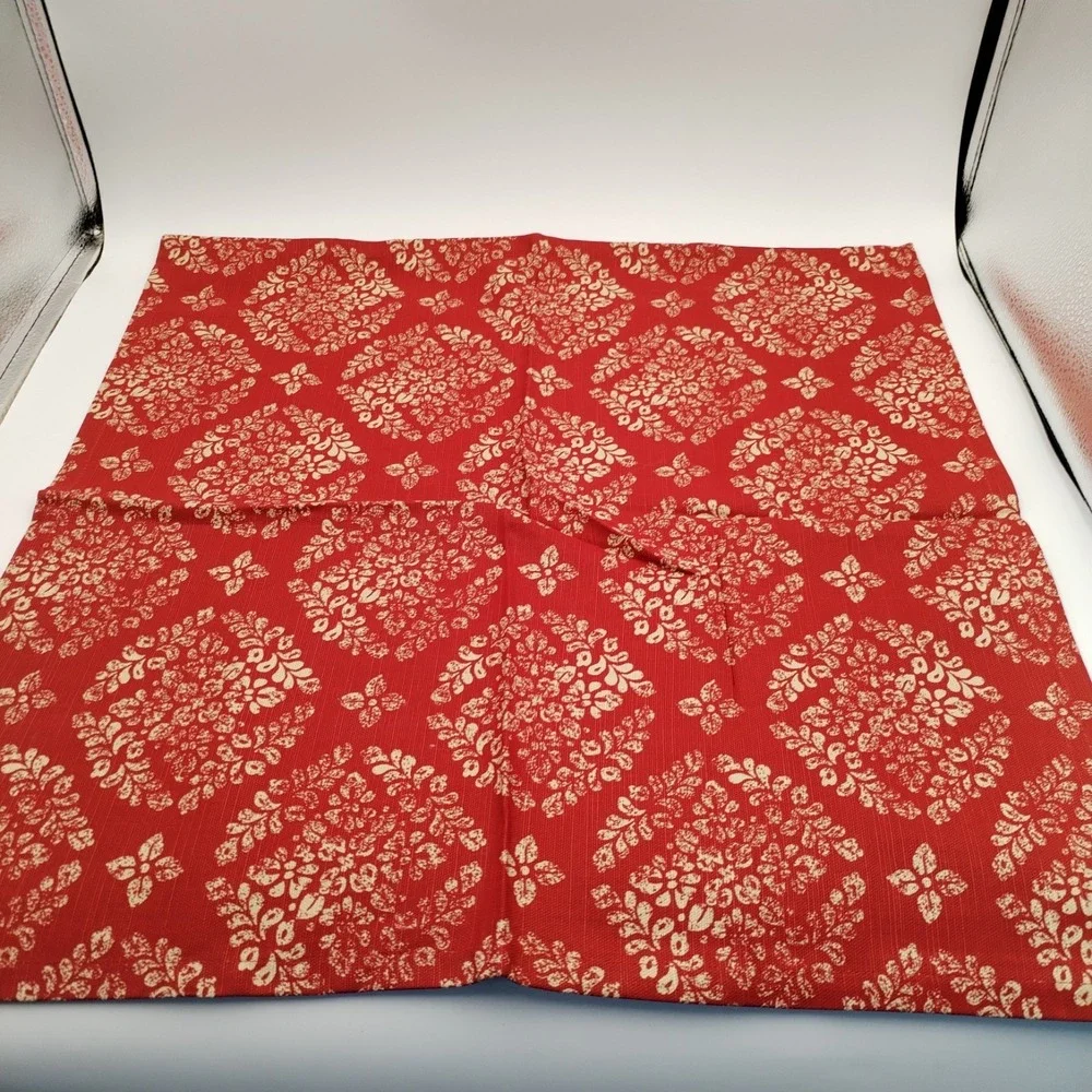 Set of 4 O HOME Cloth Napkins Red‎ Tan Damask Floral Woven Dinner 20